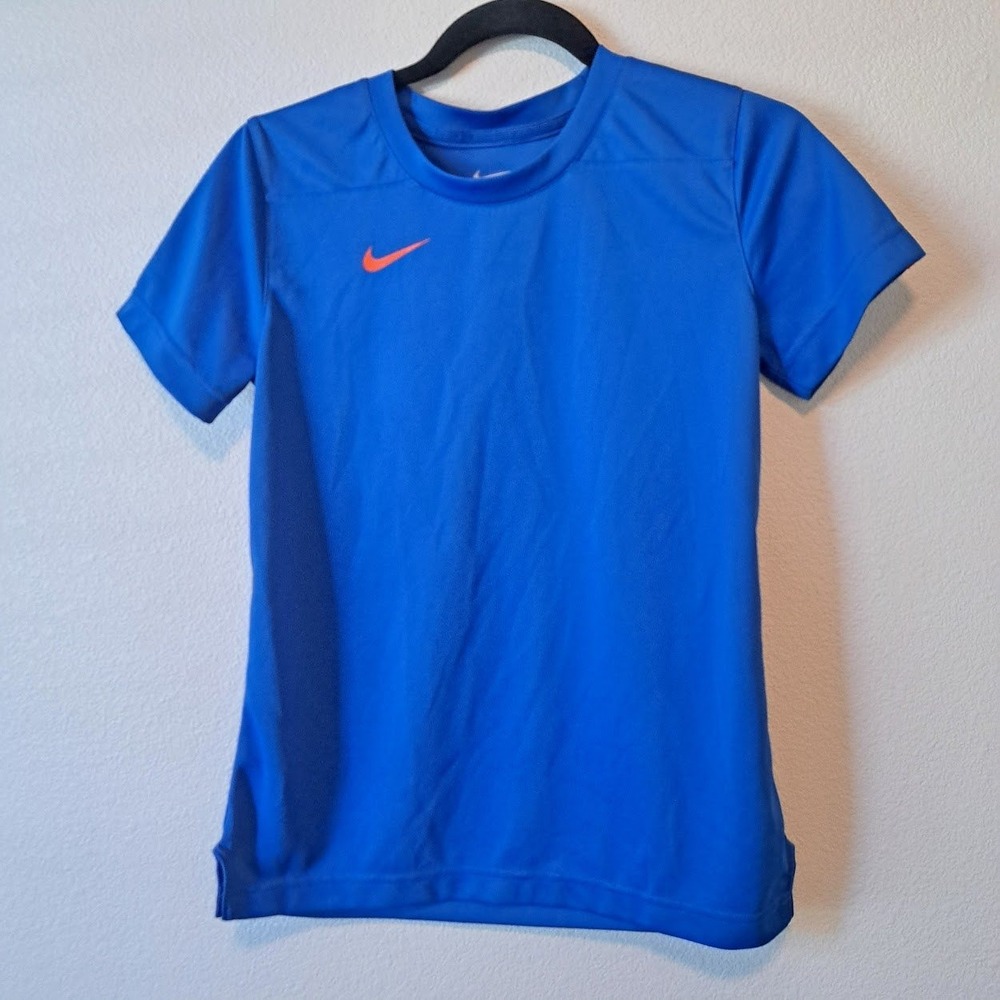 Nike Dri-FIT Womens XS Blue Short Sleeve Athletic Training T-Shirt Orange Swoosh